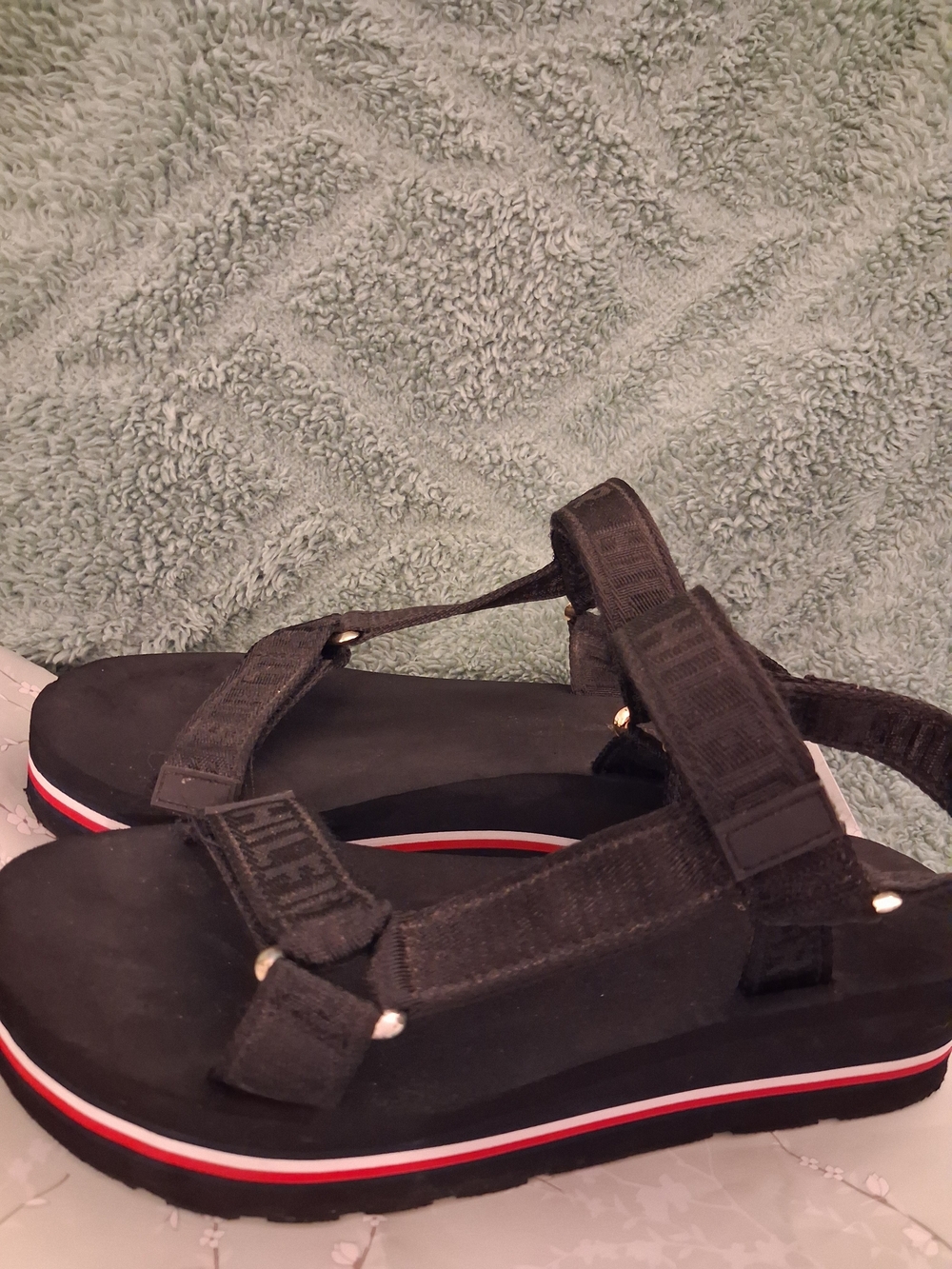 Tommy Hilfiger Black Platform Sport Sandals with Red and White Trim